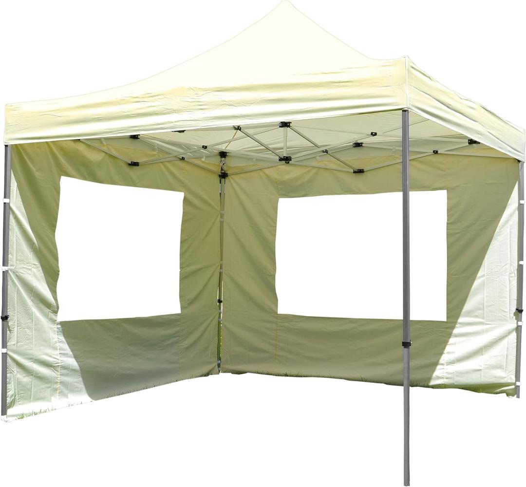 Nexos Hochwertiger Falt-Pavillon Partyzelt mit 2 Seitenteilen PROFI Ausführung für Garten Terrasse Feier Markt als Unterstand Plane wasserdichtes Dach 3 x 3 m champagner Polyester Faltpavillon Bild 1