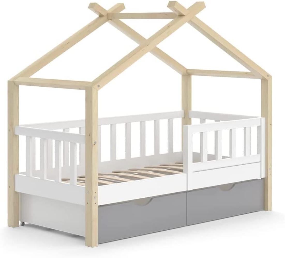 VitaliSpa Kinderbett Hausbett Einzelbett Design Weiß Grau Natur modern 70x140 cm Kinderzimmer Bett Massivholz Lattenrost Schublade Rausfallschutz Schubladenbett Bild 1