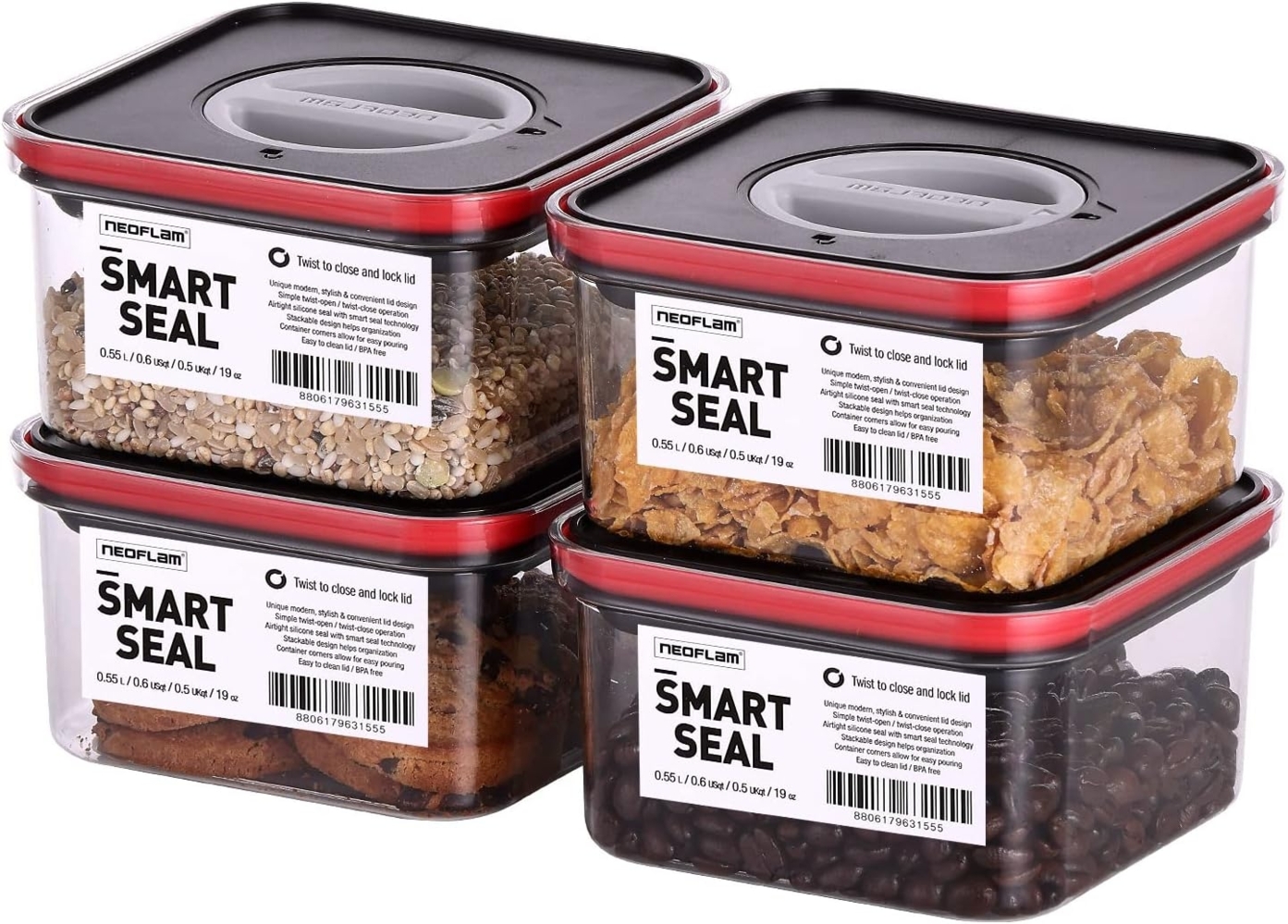 NEOFLAM® Vorratsdose Smart Seal Vorratsbehälter Set 4tlg. - Gr. 4x S - Rot, Kunststoff (AS & PP), Silikon, (4-tlg) Bild 1