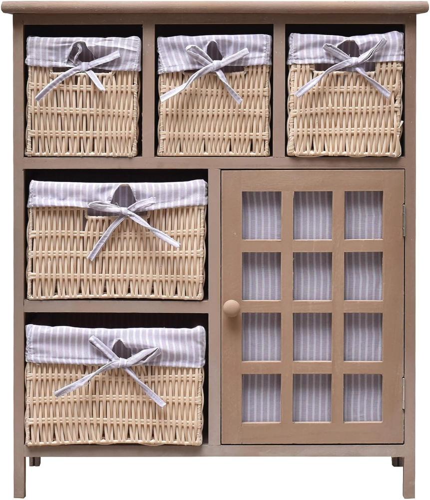 Rebecca Mobili platzsparender Küchenschrank, Schubladenkommode mit 1 Tür 5 Weidenkörben, Paulownienholz, Beige, Country-Stil, Einrichtung für Bad Küche – Maße: 70 x 60 x 30 cm (HxLxB) – Art. RE4444 Bild 1