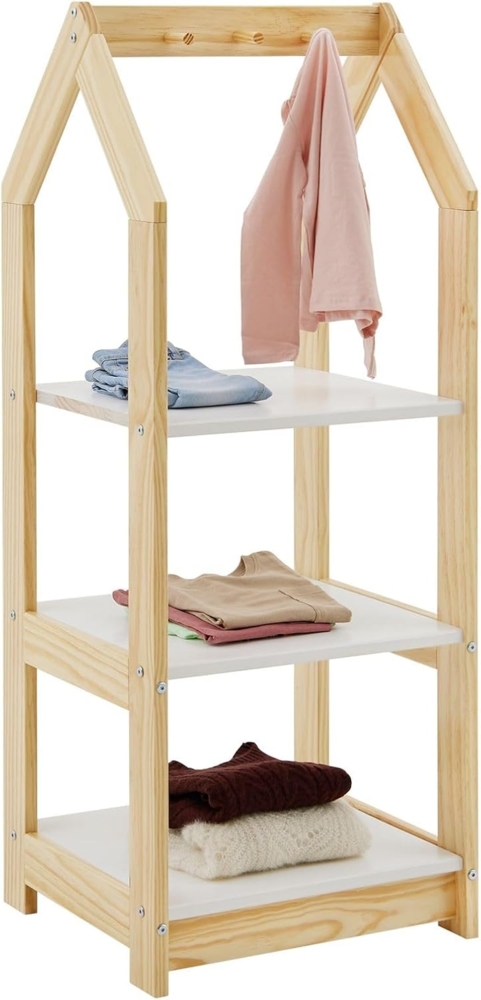 IDIMEX Kinder Regal Sally Hausform, Natur/weiß, nach Montessori. Kinderregal miit 3 Ablageböden, praktische Haken für Organisation. Regale Kinderzimmer, Kindermöbel, nach Montessori. Bild 1