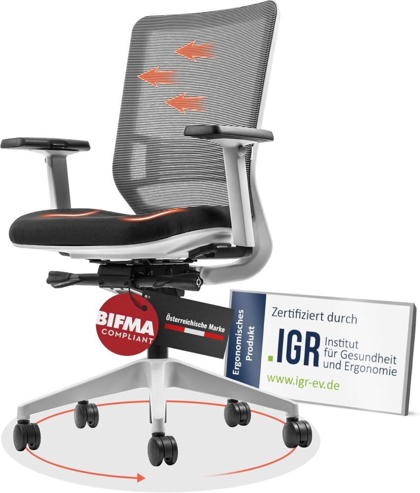 Yaasa Chair Ergonomischer Bürostuhl, Schreibtischstuhl mit Lordosenstütze, 3D-Armlehnen und Einstellung der Sitztiefe, Traglast 130kg, Bürostuhl Weiß Bild 1