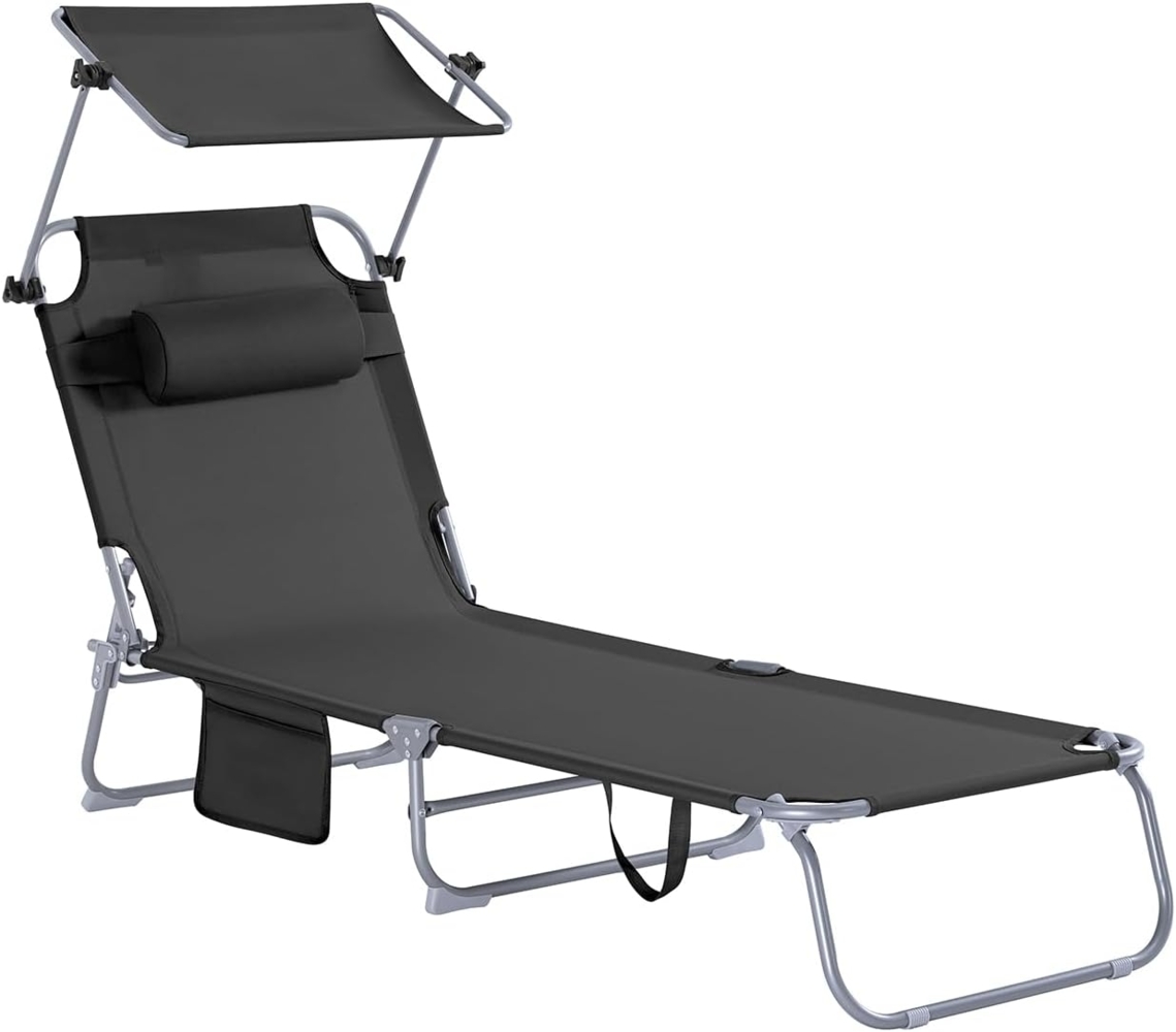 SoBuy OGS48-SCH Sonnenliege mit abnehmbarem Kopfkissen und verstellbarem Sonnendach Gartenliege mit Seitentasche Strandliege Relaxstuhl Liegestuhl klappbar Schwarz bis 150 kg belastbar Bild 1