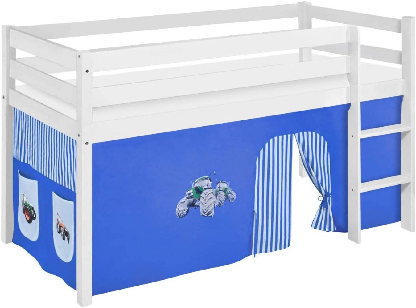 Lilokids 'Jelle' Spielbett 90x200 cm, Trecker Blau, Kiefer massiv, mit Vorhang Bild 1