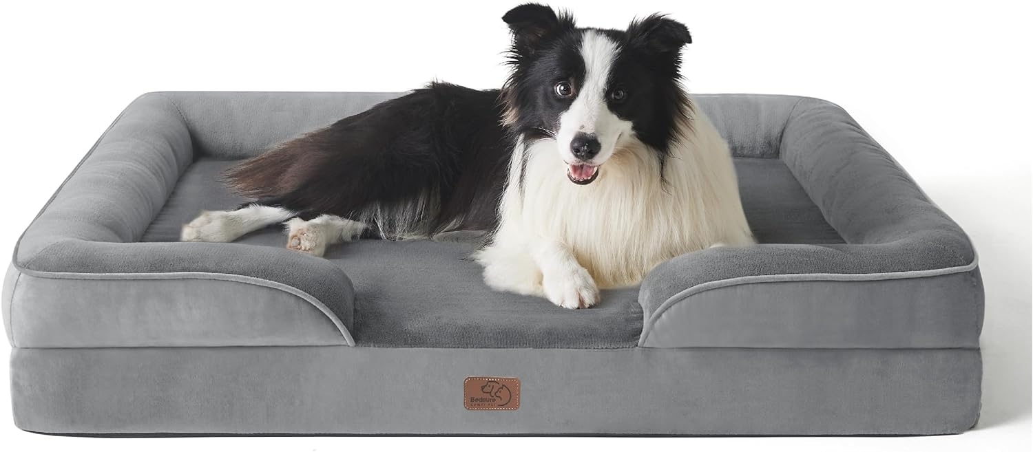 BEDSURE orthopädisches Hundebett Ergonomisches Hundesofa - 89x63 cm Hundecouch mit eierförmiger Kistenschaum für mittlere Hunde, waschbar rutschfest Hundebetten, grau Bild 1