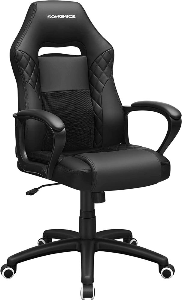 Gamingstuhl, Bürostuhl mit Wippfunktion, Racing Chair, ergonomisch, S-förmige Rückenlehne, gut für die Lendenwirbelsäule, bis 150 kg belastbar, Kunstleder, Schwarz Bild 1