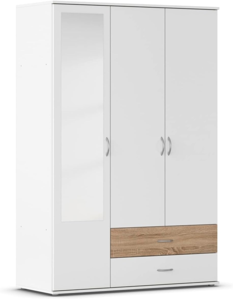 Rauch Möbel Noosa Schrank Drehtürenschrank, Weiß / Eiche Sonoma, 3-türig mit Spiegel und 2 Schubladen, inkl. Zubehörpaket Basic 1 Kleiderstange, 3 Einlegeböden BxHxT 127 x 188 x 52 cm Bild 1