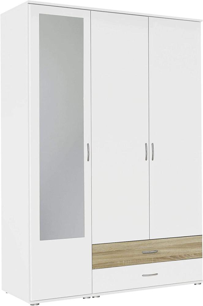 Rauch Möbel Noosa Schrank Drehtürenschrank, Weiß / Eiche Sonoma, 3-türig mit Spiegel und 2 Schubladen, inkl. Zubehörpaket Basic 1 Kleiderstange, 3 Einlegeböden BxHxT 127x188x52 cm Bild 1