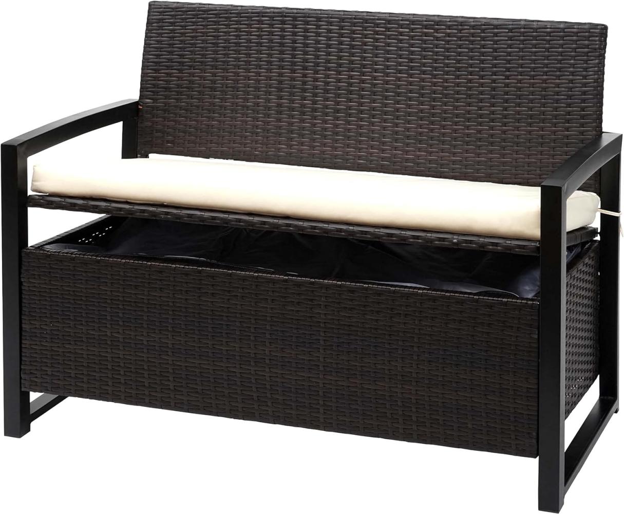 Poly-Rattan 2er Sitzbank HWC-F39, Gartenbank Truhenbank, Staufach Aufbewahrung Sitzkissen ~ braun, Kissen creme Bild 1