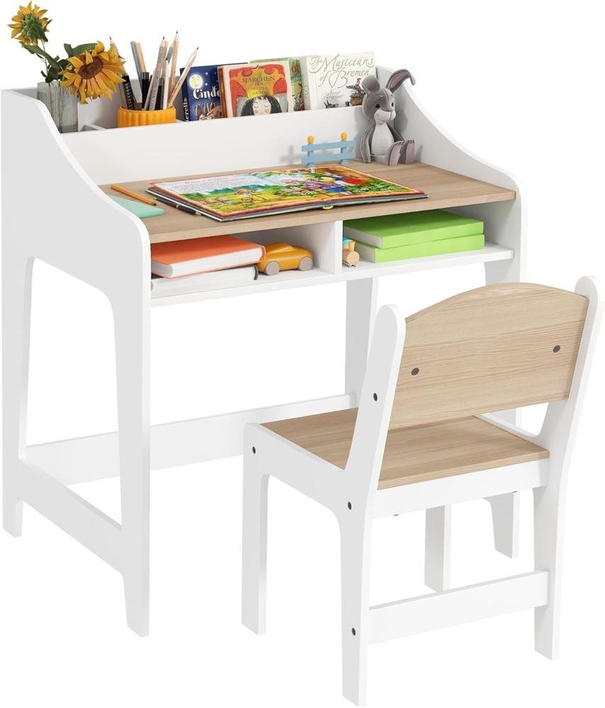 AIYAPLAY Kindertisch mit Stauraum, für 3-8 Jahre (Schülerschreibtisch, 2-St, Kinder Schreibtisch und Stuhl), für Kinderzimmer, Naturholz Bild 1