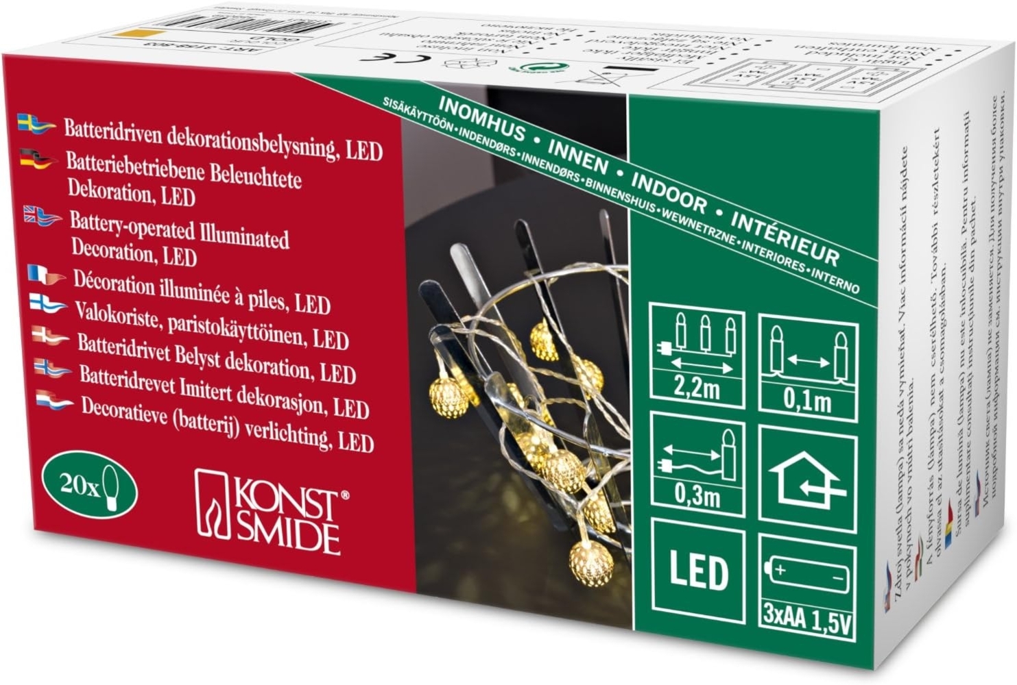 Konstsmide 3158-803 LED Dekolichterkette "Goldfarbenen Metallbälle" / für Innen / Batteriebetrieben: 3xAA 1.5V (exkl.) / 20 warm weiße Dioden / transparentes Kabel Bild 1