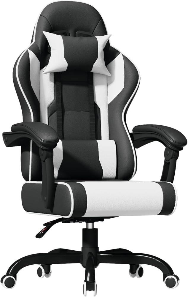 JUMMICO Massage Gaming Stuhl mit Lendenwirbelstütze, Racing Bürostühle Gaming Sessel,Schreibtischstuhl 150kg Belastbarkeit, Ergonomischer PC Stuhl, Weiß Bild 1