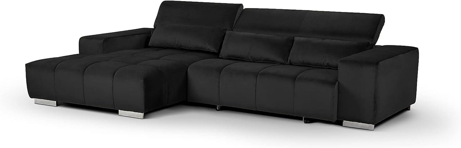 Mivano Eckcouch Orion / Großes Ecksofa mit XL-Recamiere inkl. Relaxfunktion, Kopfteilfunktion und Kissen / 307 x 73 x 186 / Velours, Schwarz Bild 1