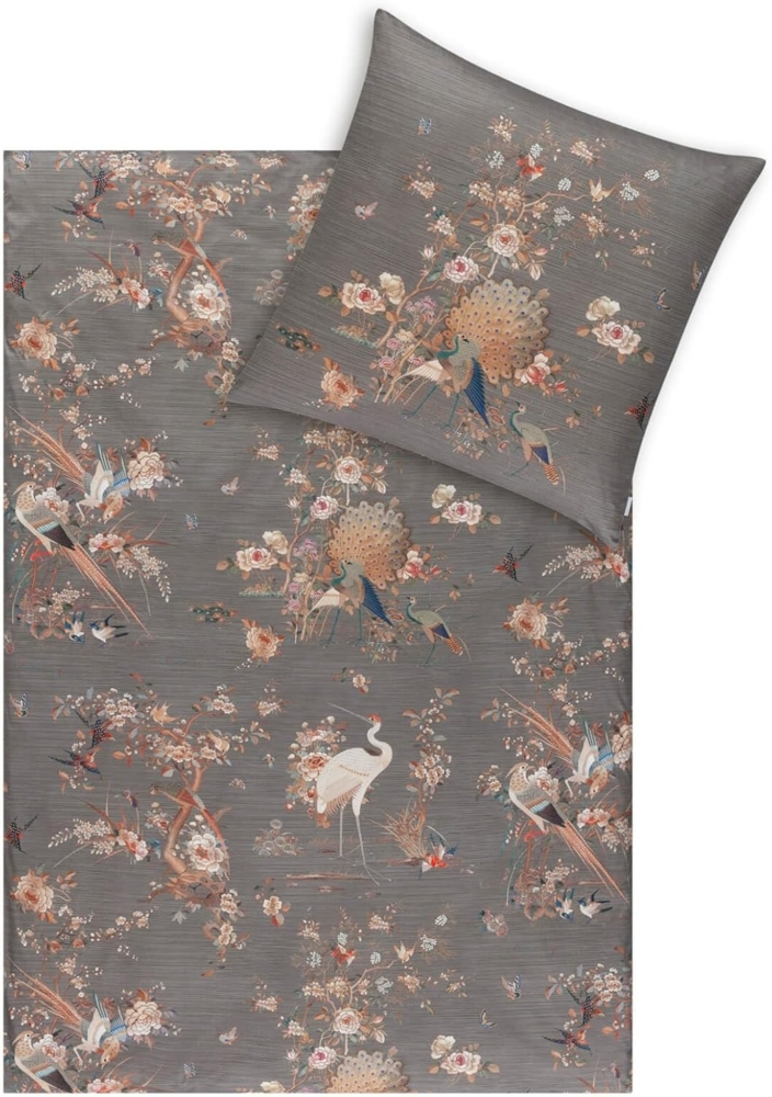 Estella Mako Jersey Bettwäsche 155x220 Kim grau Pfau Vögel Rosen Wende 6355-810 Bild 1