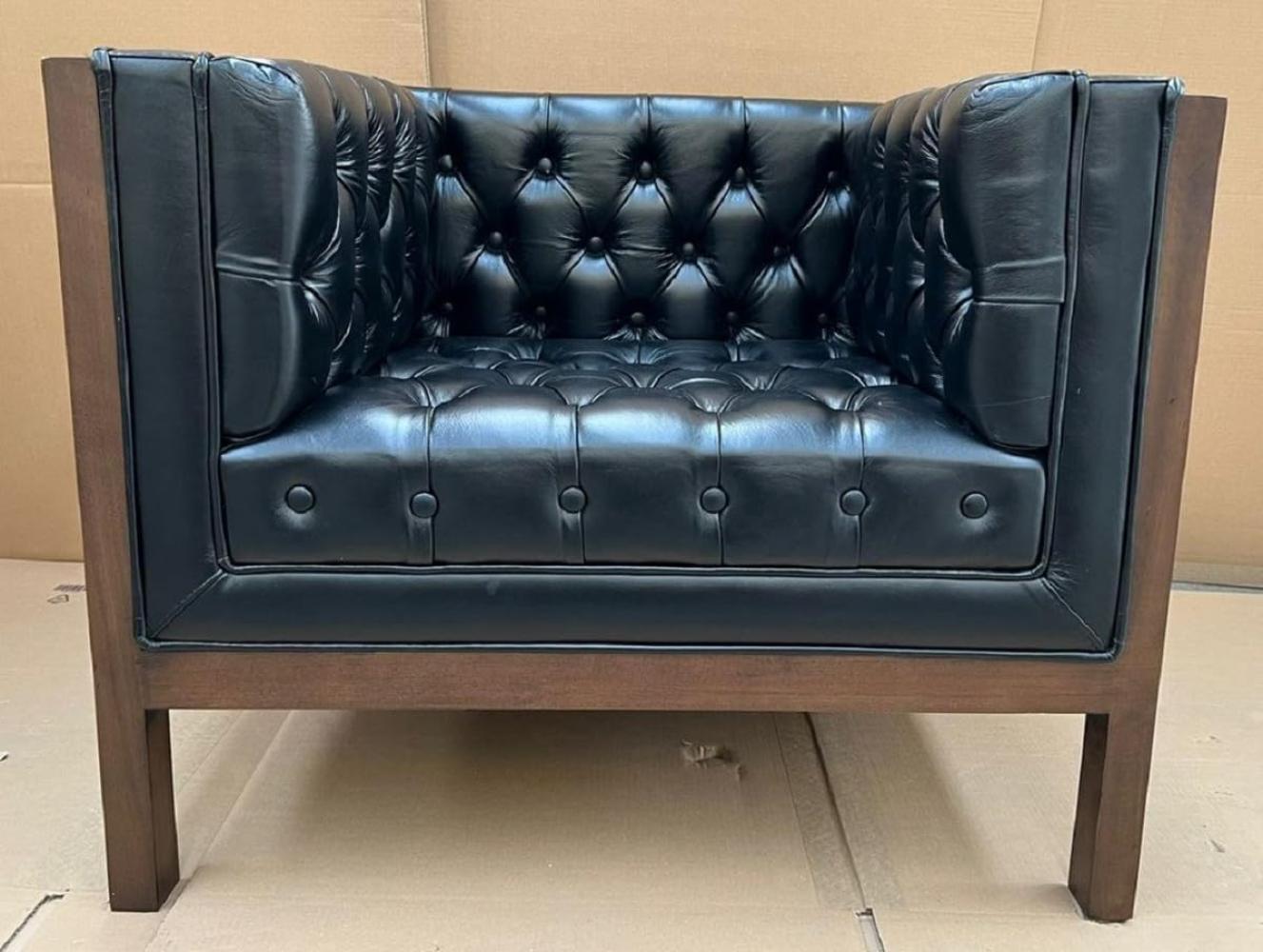 Casa Padrino Luxus Chesterfield Leder Sessel Schwarz / Braun 91 x 78 x H. 72 cm - Chesterfield Echtleder Wohnzimmer Sessel - Chesterfield Möbel - Echtleder Möbel - Luxus Möbel Bild 1