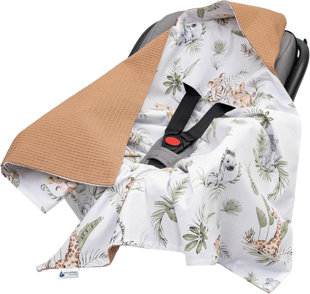 Medi Partners Einschlagdecke Baby Babyschale 100% Baumwolle für Sommer 85x85 cm Kinderwagen Kuscheldecke universal Baby Decke Einschlagdecken Babydecke Buggy Autositz (‎Safari mit Grauer Waffel) Bild 1