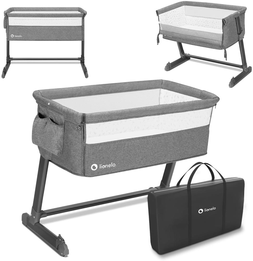 Lionelo Theo 2in1 Baby Bett, Reisebett Baby, Beistellbett Baby ab Geburt bis 9 kg, Höhenverstellung, Einstellung der Neigung, Faltbare Seitenwand, Matratze, Moskitonetz (Grau) Bild 1