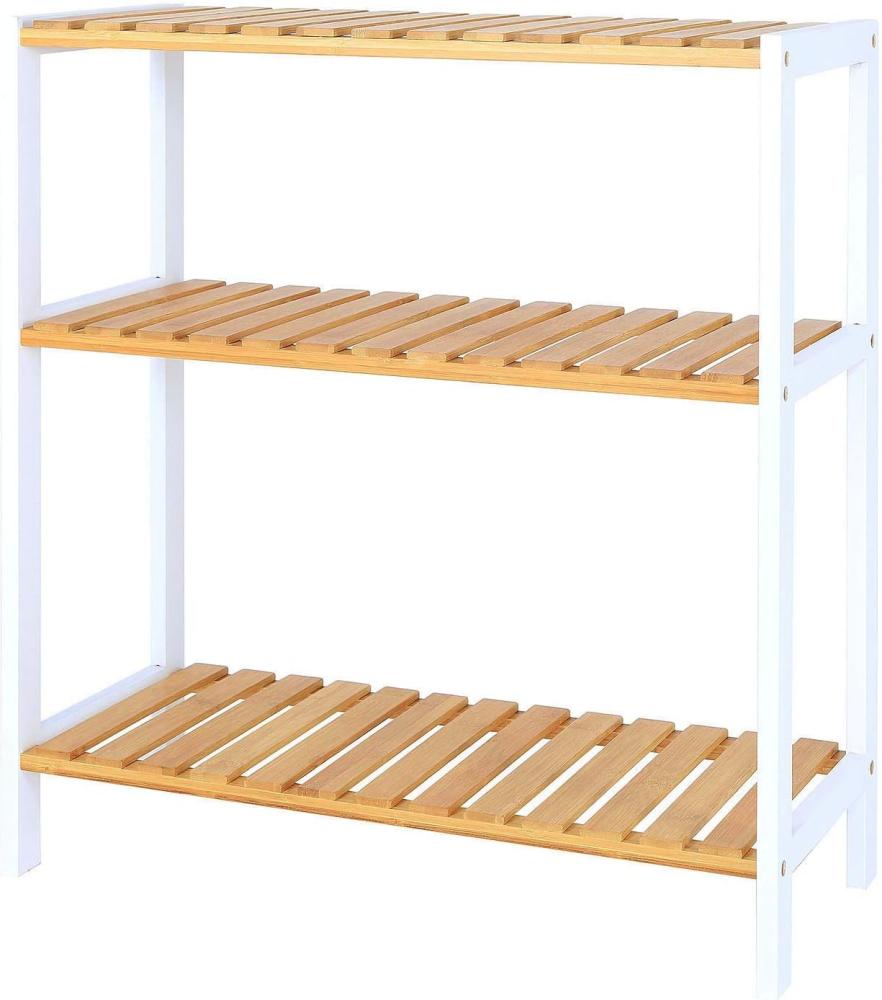 dibea Schuhregal mit 3 Ablagefächern, Schuhschrank, Badezimmerregal, Wohnzimmerregal, Standregal, Bambusregal, Badregal, Bücherregal, Küchenregal, 60 x 26 x 66 cm (naturfarben / weiß) Bild 1