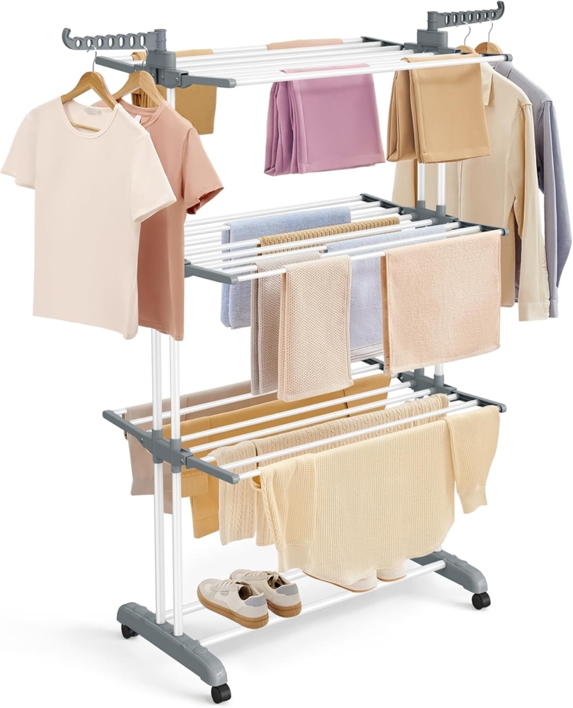 SONGMICS Wäscheständer, Standtrockner 4 Ebenen, Flügelwäscheständer, klappbare Flügel, mit Rollen, 63,5 x 128 x 173 cm, groß, einfacher Aufbau, für Innen- und Außenbereich, weiß LLR701W01 Bild 1