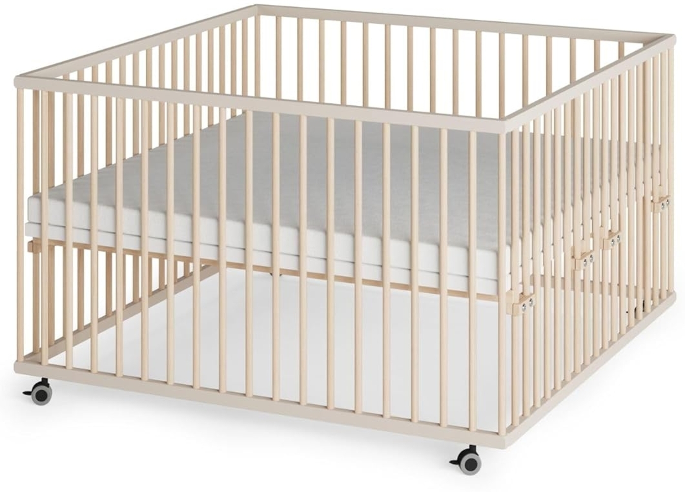 Sämann Laufstall Baby mit Matratze SleepPlus, Lattenrost und Schlupfsprossen | stufenlos höhenverstellbar | Laufgitter Premium | Babybett aus Holz | Krabbelgitter (sahara dust/natur, 120x120 cm) Bild 1