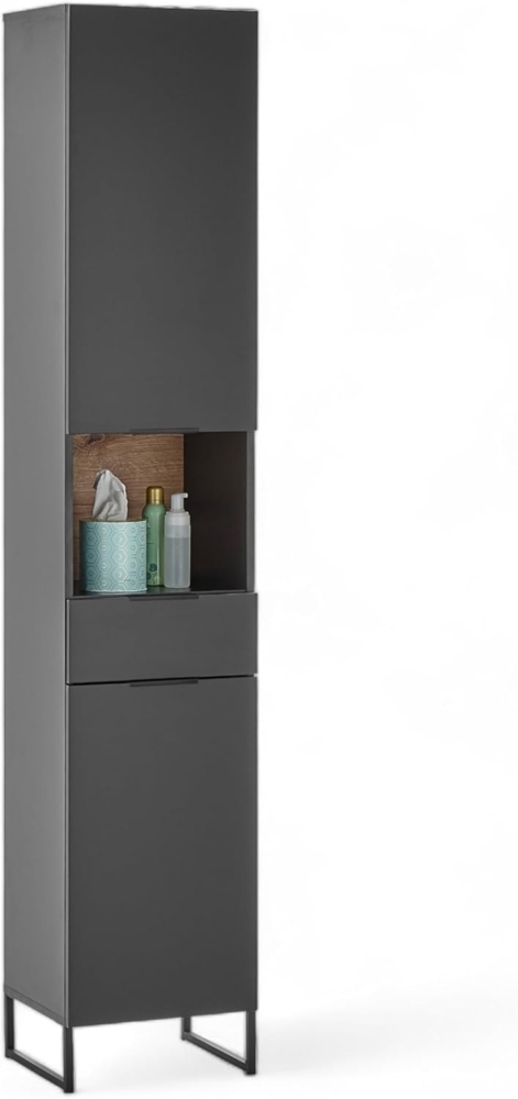 Stella Trading DENVER Badezimmer Hochschrank in Schwarz/Evoke Eiche Optik FSC-zertifiziert - Badezimmerschrank Bad Schrank mit viel Stauraum - 38 x 195 x 32 cm (B/H/T) Bild 1