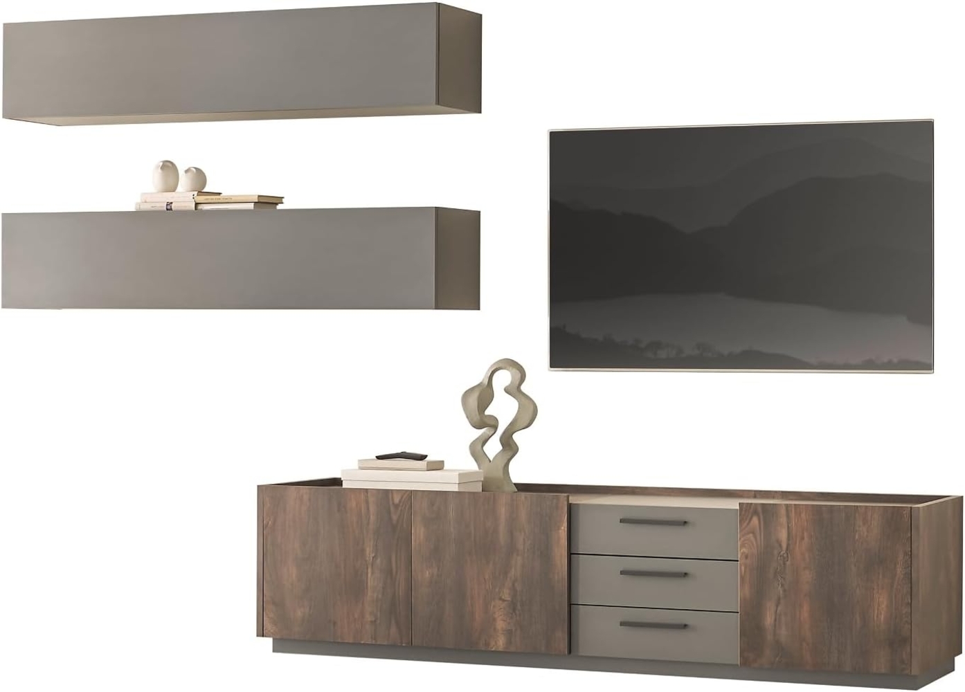 Wohnwand Piano in Eiche und grau 3-teilig 300 cm Bild 1