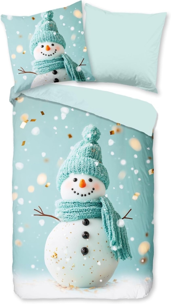 JACK Wendebettwäsche 135x200 cm, Happy Schneemann, Flanell, 2 teilig, mit süßem Schneemann im Glitzerschnee Bild 1