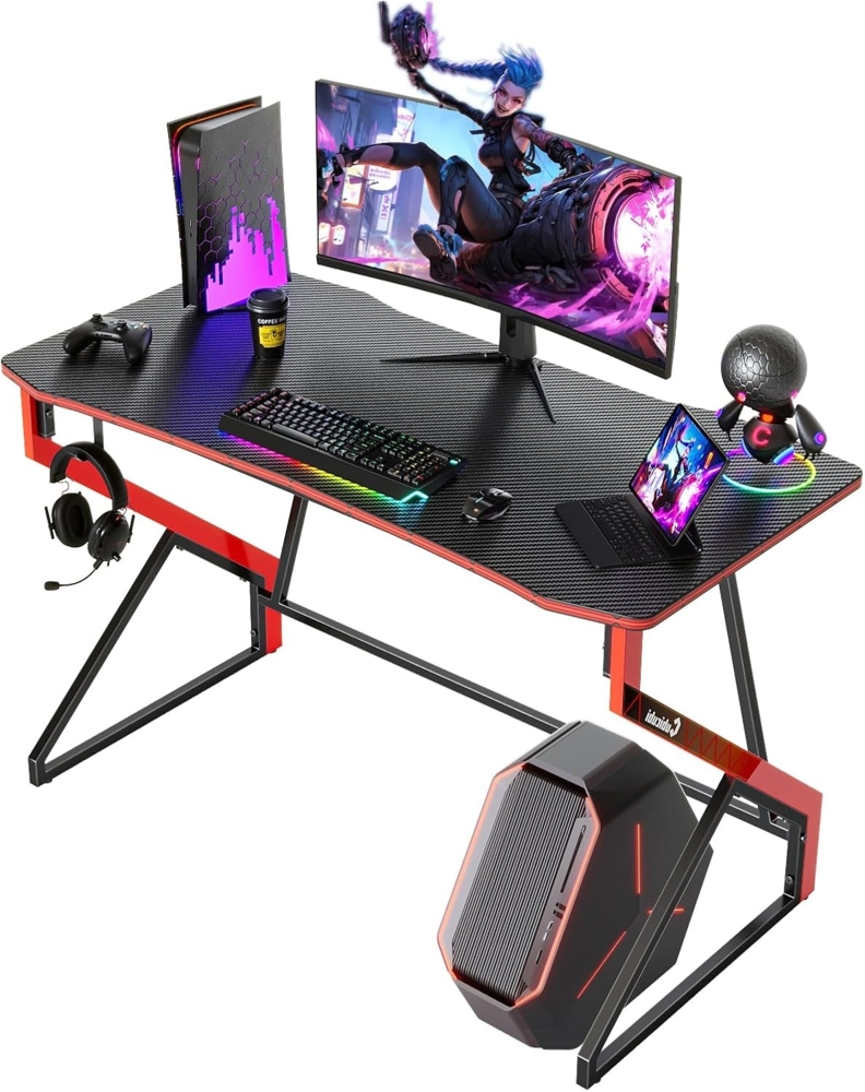 CubiCubi Gaming Schreibtisch, 100 x 60 cm Esport Ergonomischer Computertisch Tisch mit Kohlefaseroberfläche, stabiles Z-Gestell, Kopfhörerhaken zum Spielen, Lernen, Zuhause, Schlafzimmer, Schwarz Bild 1