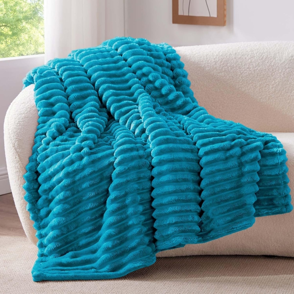 BEDELITE Kuscheldecke Flauschig Decke Klein - weiche Flanell Decken Türkis 125x150 für Sofa, Deko Streifen Cord Fleecedecke als Sofaüberwurf für Wohnzimmer, Throw Blanket Wide Use Bild 1