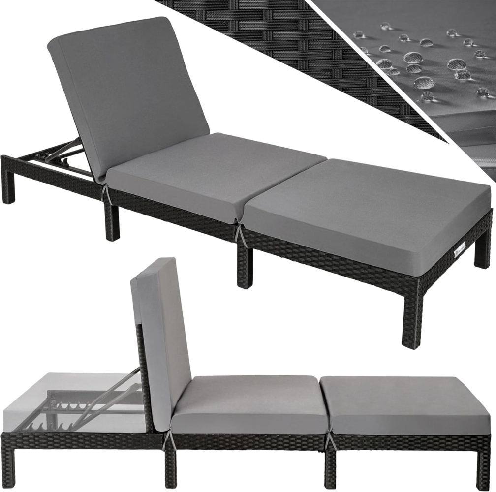 tectake® Polyrattan Sonnenliege mit 6-Fach höhenverstellbarer Rückenlehne, Outdoor Daybed mit bequemer Polsterauflage, Gartenliege Rattan für drinnen und draußen, pflegeleicht und stabil - schwarz Bild 1