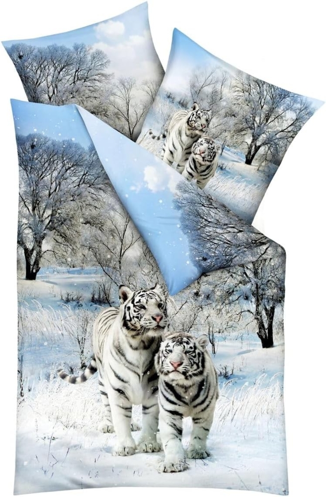 JACK Bettwäsche Schnee Tiger Raubkatze Winter Schnee Kaeppel, Mako-Satin, 2 teilig, hochwertiger Digitaldruck, elegantes Schneetigermotiv, Baumwolle Bild 1