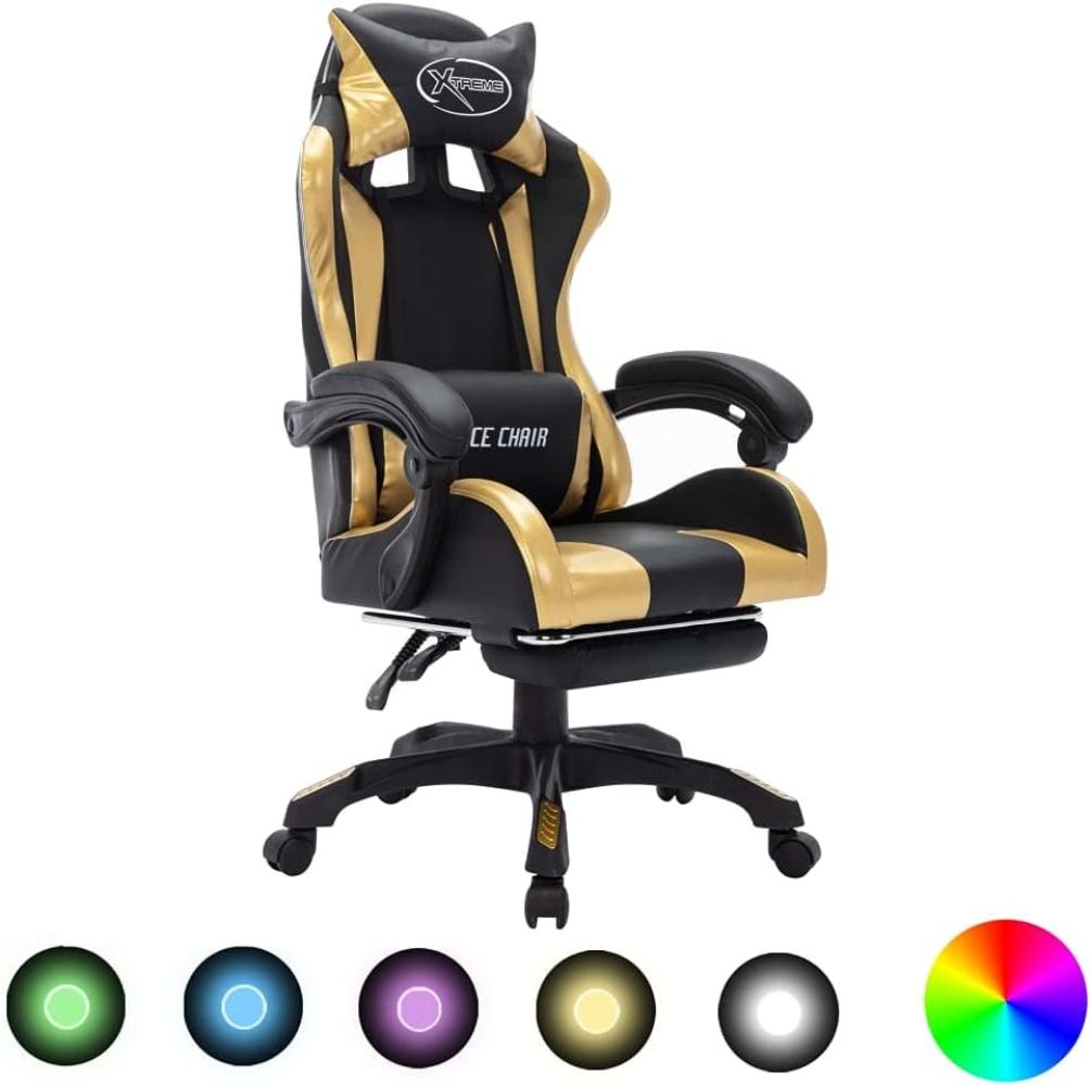 vidaXL Gaming Stuhl mit RGB LED-Leuchten Fußstütze Höhenverstellbar Chefsessel Bürostuhl Drehstuhl Schreibtischstuhl Sportsitz Racing Gold Schwarz Kunstleder Bild 1