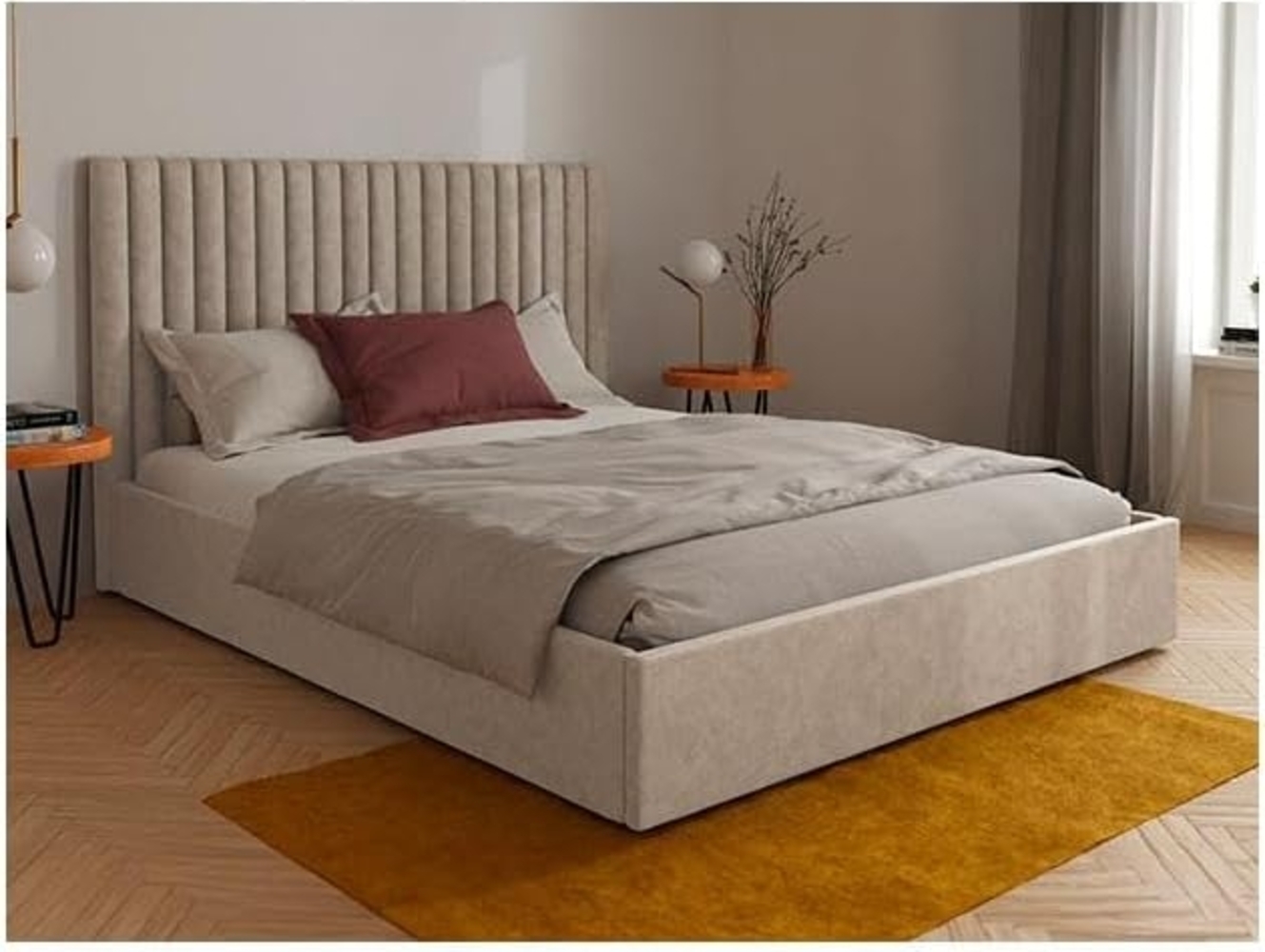 Bett mit Bettkasten und Kopfteil SARAH - Stoff - Beige - 160x200 cm Bild 1