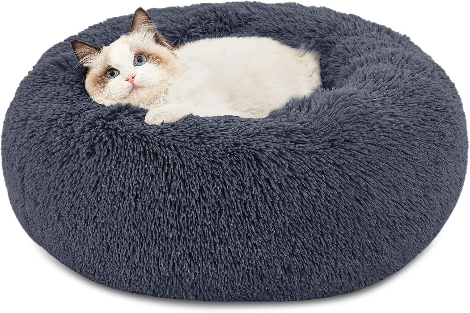 BEDSURE Hundebett waschbar Flauschiges Katzenbett - Ø 50 cm Donut Kissen, Katzenschlafplatz für Katzen Kleine Mittelgroße Hunde, Plüsch Katzenkissen Rund Kuschelbett Katzen Bettchen, Dunkelgrau Bild 1
