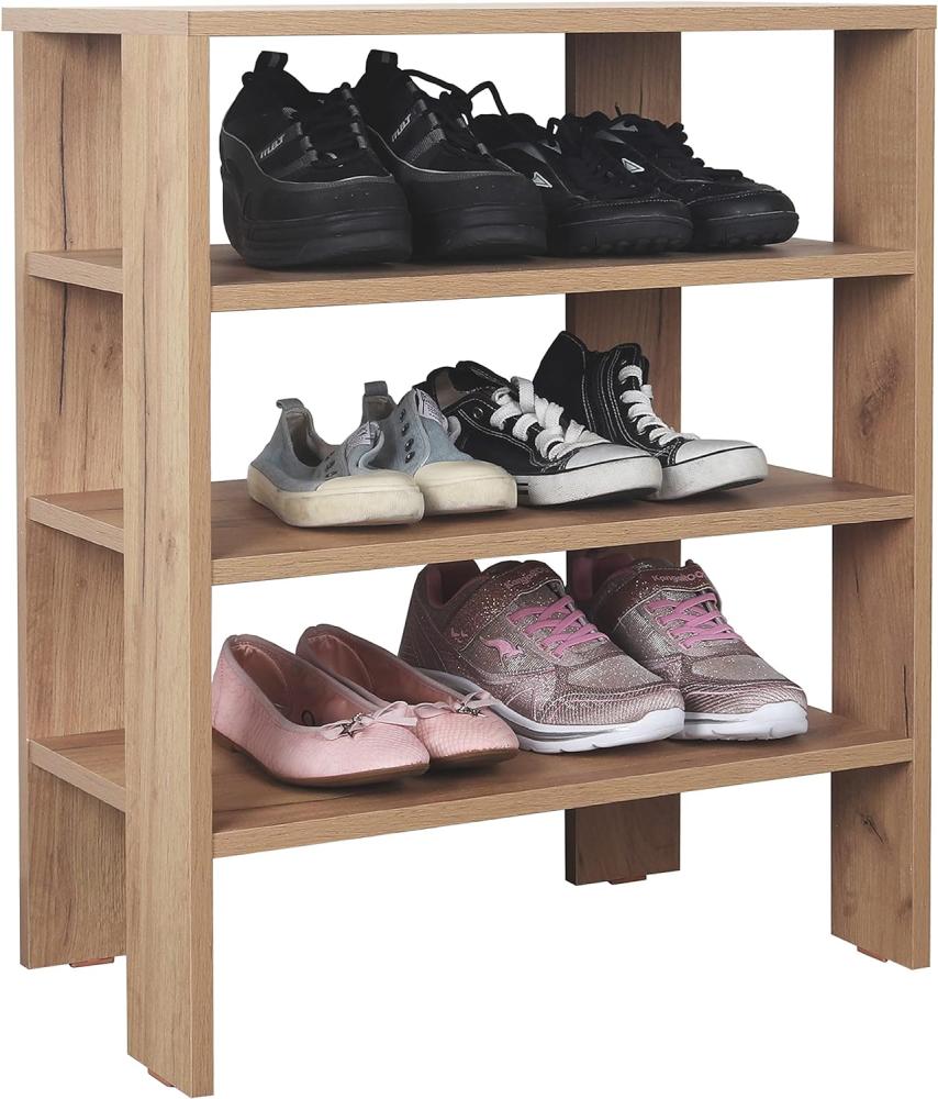 RICOO Schuhregal schmal und hoch 70x60x32cm Standregal Pressholz Eiche Braun WM039-EG, Schuhständer mit 3 Ebenen, Schuhschrank offen, Schuhablagen Flur Shoe Rack, Schuhablage klein, Schuhregale Bild 1