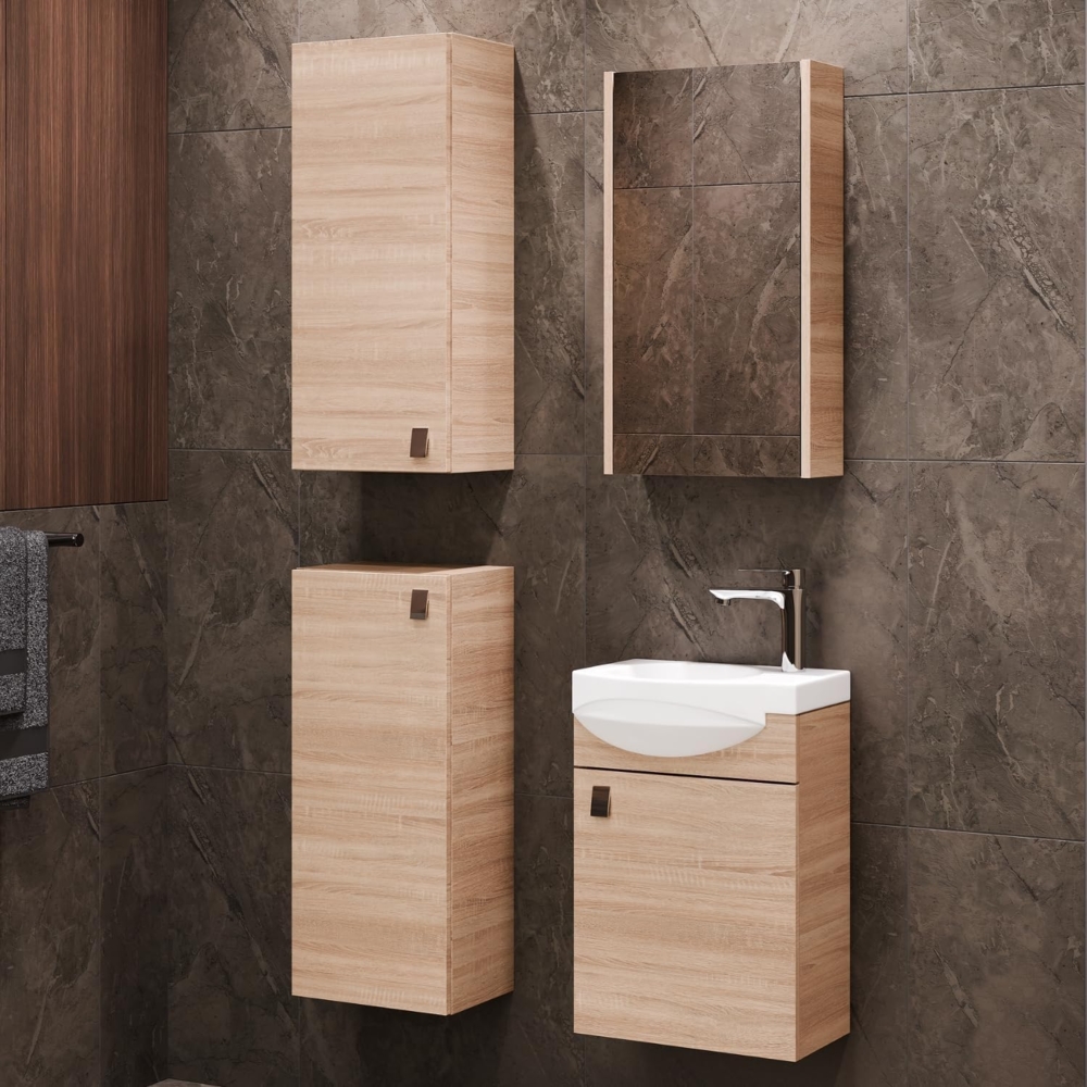 Planetmöbel Badset komplett aus Unterschrank 40cm mit Waschbecken, Spiegelschrank und 2X Midischrank in Sonoma Eiche, Komplettset für Badezimmer 5-teilig Bild 1