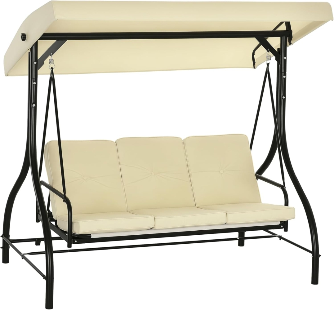 Outsunny Hollywoodschaukel 2 in 1 mi Liegefunktion, verstellbarem Sonnendach, belastbar bis 240kg, 3-Sitzer, Bettfunktion, 3-Sitzer Gartenschaukel, 1 tlg, Schaukelbank, für Garten, Terrasse, 195 x 117 x 175 cm, Beige Bild 1
