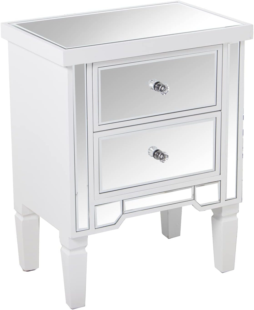DRW Nachttisch mit 2 Schubladen aus Holz Weiß und Spiegel 49 x 33 x 62 cm, bunt, estandar Bild 1