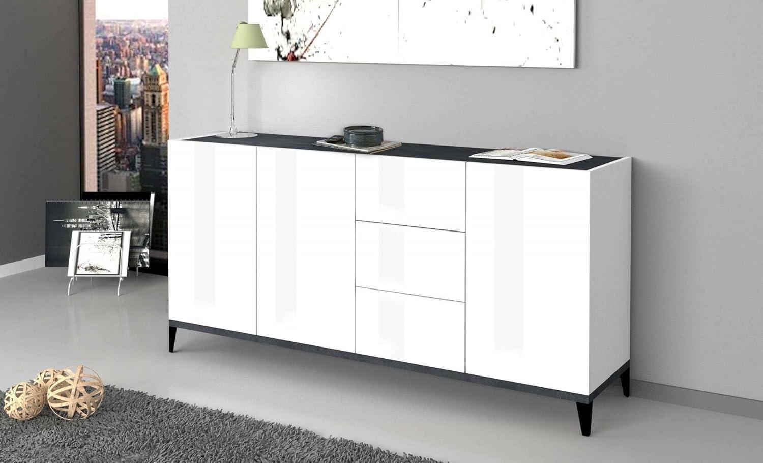 Dmora Modernes Sideboard mit 3 Türen und 3 Schubladen, Made in Italy, erhöhtes Küchen-Sideboard, Wohnzimmer-Design-Buffet, cm 160x40h82, glänzendes Weiß und Schiefer Bild 1