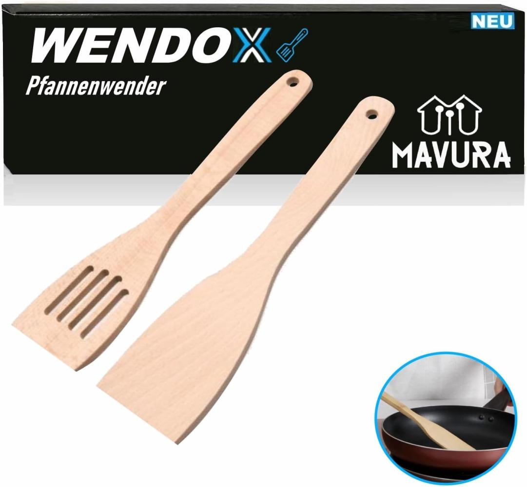 MAVURA Pfannenwender WENDOX Holz Pfannenheber Bratwender Bratenwender Holzschaber, Küchenhelfer aus feinstem Buchenholz 2er Set 30cm [mit & ohne Schlitz] Bild 1