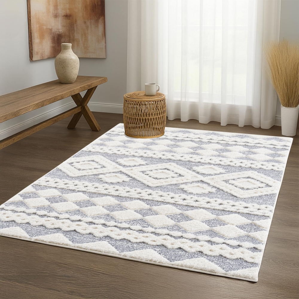 Teppich Wohnzimmer - Hochflor - Boho - Pastell Cream Grau - 140x200cm - Einfarbig - Modern Raute Meliert Muster - Skandinavisch Flauschig Weich - Wohnteppich Schlafzimmer Dekoration Bild 1