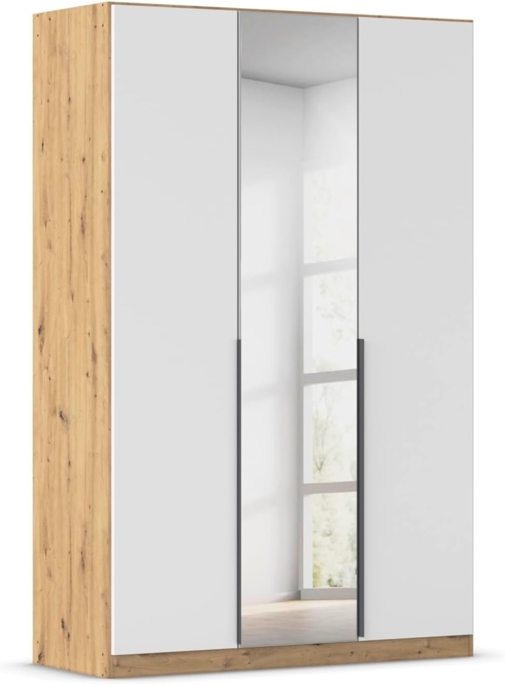 Rauch Möbel Alabama, Kleiderschrank, Garderobenschrank, 3-türig, Spiegel, Zubehör Classic, 2 Kleiderstangen, 5 Einlegeböden, Farbe Weiß/Eiche Artisan, Holz, Griff Grau metallic, 136 x 210 x 54 cm Bild 1