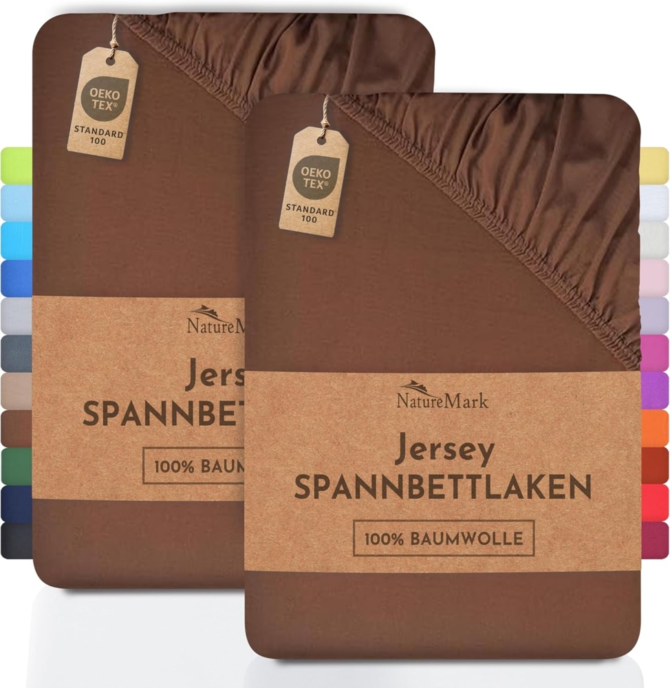 NatureMark 2er Pack Jersey Spannbettlaken, Spannbetttuch 100% Baumwolle in vielen Größen und Farben MARKENQUALITÄT ÖKOTEX Standard 100 | 200x220 cm +40 Steg - Schoko braun Bild 1