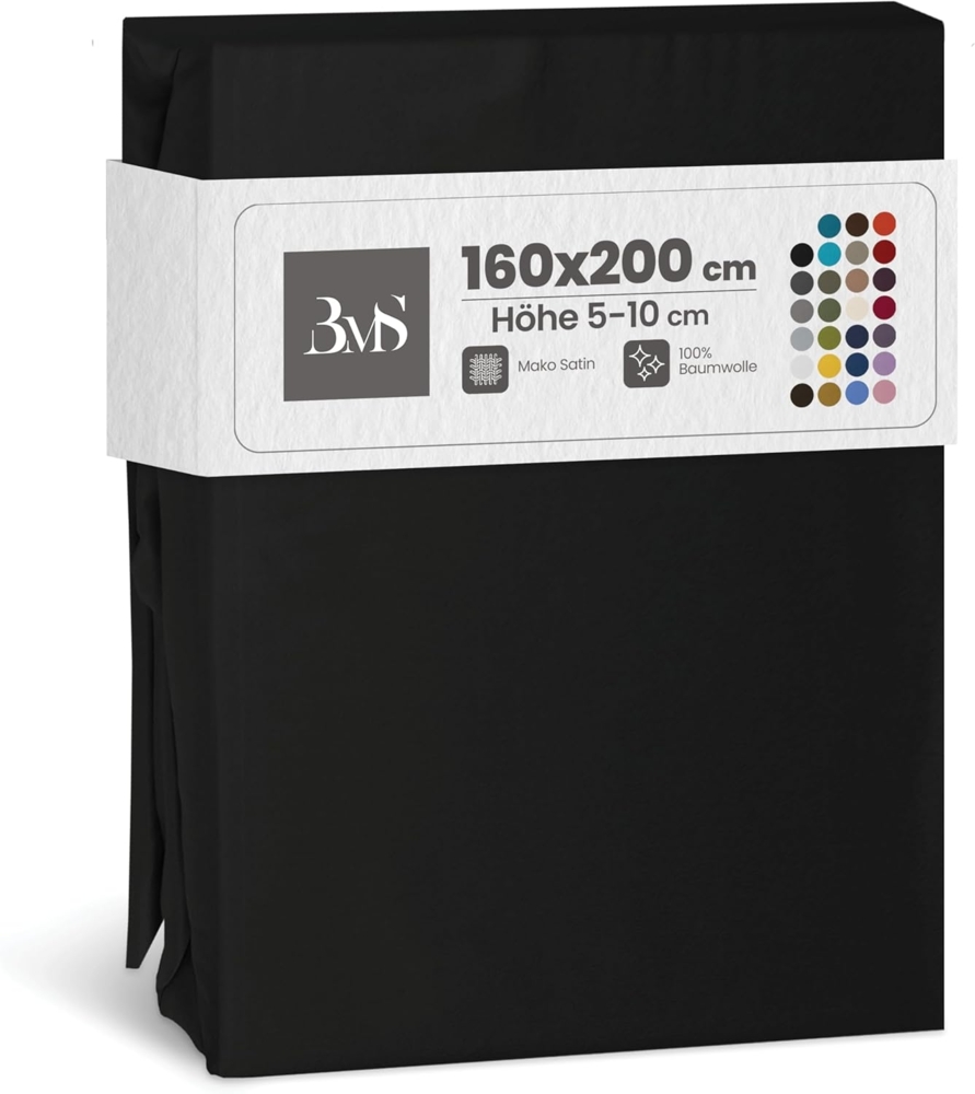 Bettwaesche-mit-Stil Mako-Satin Spannbettlaken schwarz 160x200cm Höhe 5-10cm Bild 1