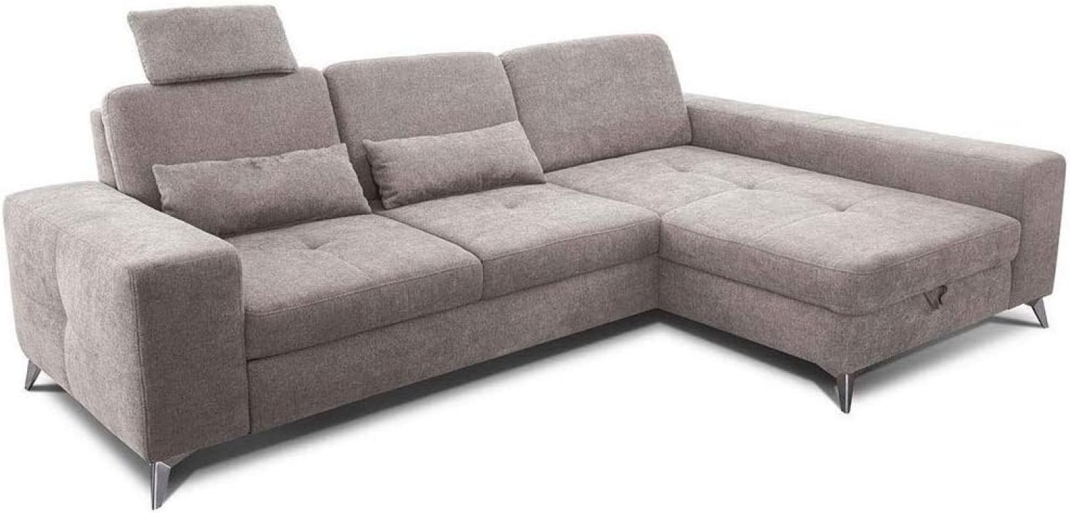 CAVADORE Ecksofa Bali / Trendige Sofaecke mit Longchair rechts, Kopfstütze & Nierenkissen / Inkl. Sitztiefenverstellung, Bett & Bettkasten / 286 x 92 x 176 / Flachgewebe: Beigegrau Bild 1