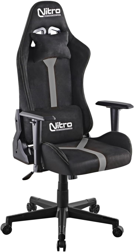 Brigros Nitro – Ergonomischer Gaming-Stuhl, Bürostuhl aus Wildleder, drehbarer Gaming-Stuhl mit Lendenkissen, Kopfstütze, Armlehnen, Verstellbarer Gaming-Schreibtischstuhl Nathan (Grau/Schwarz) Bild 1