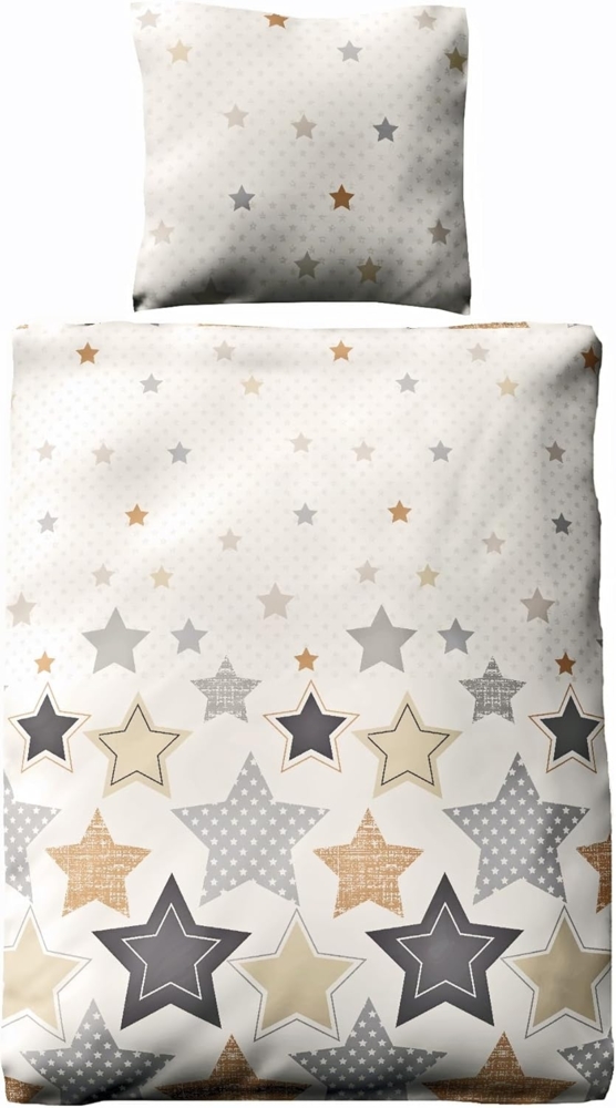 JACK Bettwäsche 135x200cm Sterne Braun Beige Offwhite, Biber, 2 teilig, tolles winterliches Sternendesign Bild 1