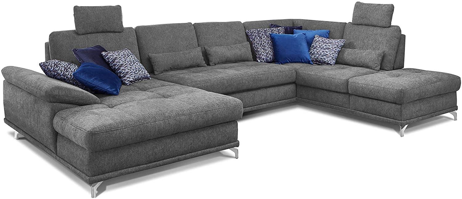 Cavadore Wohnlandschaft Castiel mit Federkern / Großes Schlafsofa in U-Form mit Bett, Sitztiefenverstellung und Kopfstützen / 368 x 114 x 232 / Webstoff, Grau Bild 1