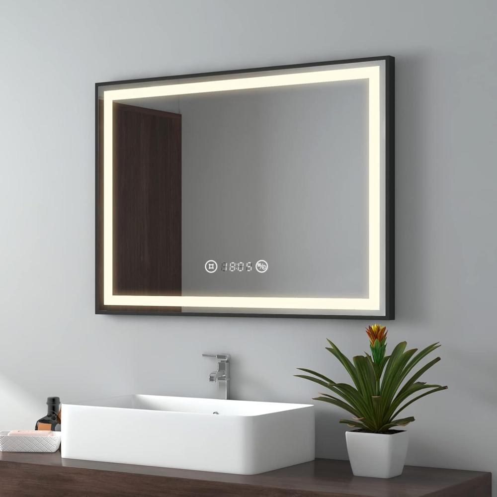 EMKE Badspiegel mit Beleuchtung 80x60cm Badspiegel Schwarzer Rand LED Badezimmerspiegel mit Touch, Antibeschlage, Uhr, Temperatur, Dimmbar, Memory-Funktion, Neutrale Beleuchtung Wandspiegel IP44 Bild 1