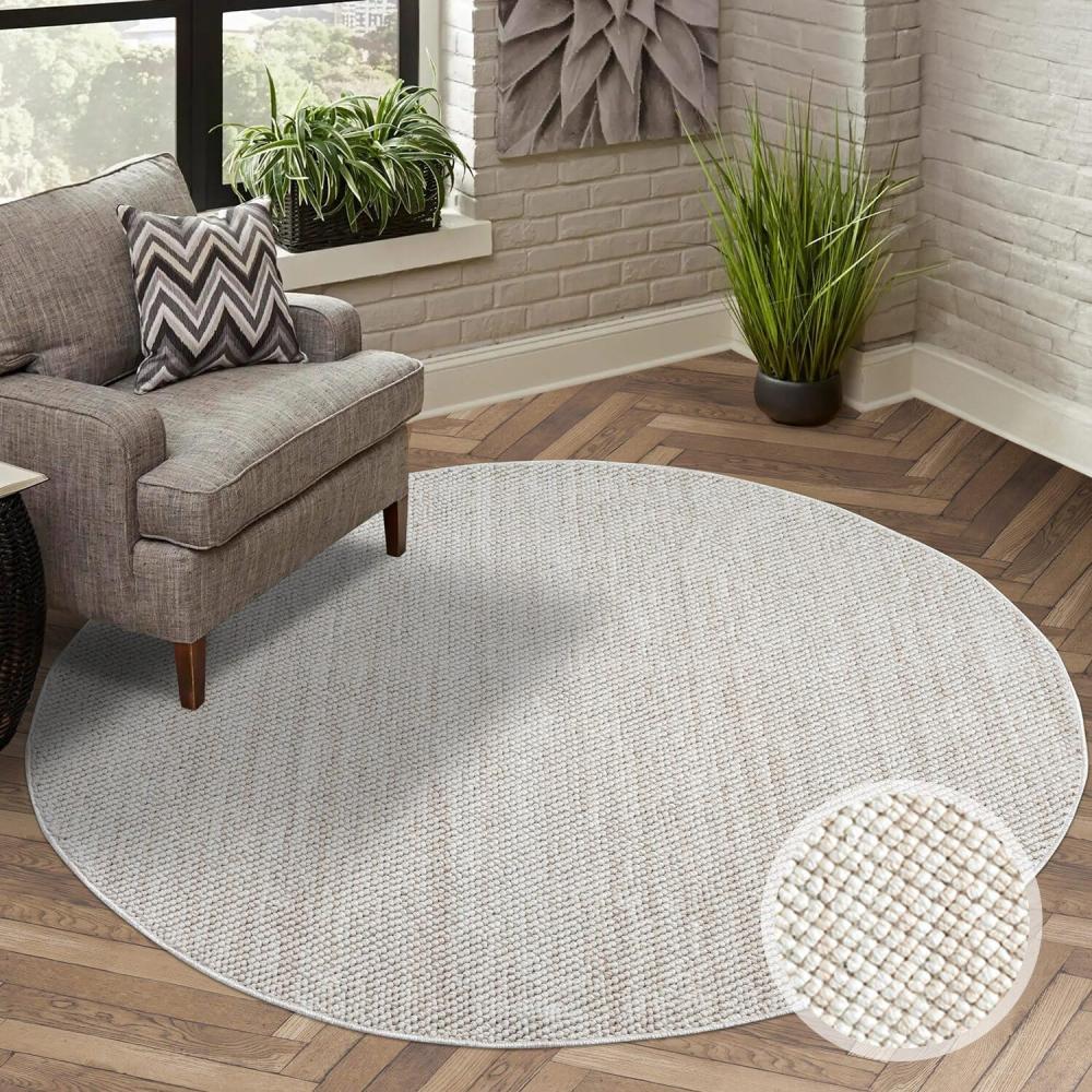 carpet city Teppich Kurzflor Wohnzimmer - Creme - 120x120 cm Rund - Teppiche Boho-Style - Einfarbig - Schlafzimmer, Esszimmer Bild 1